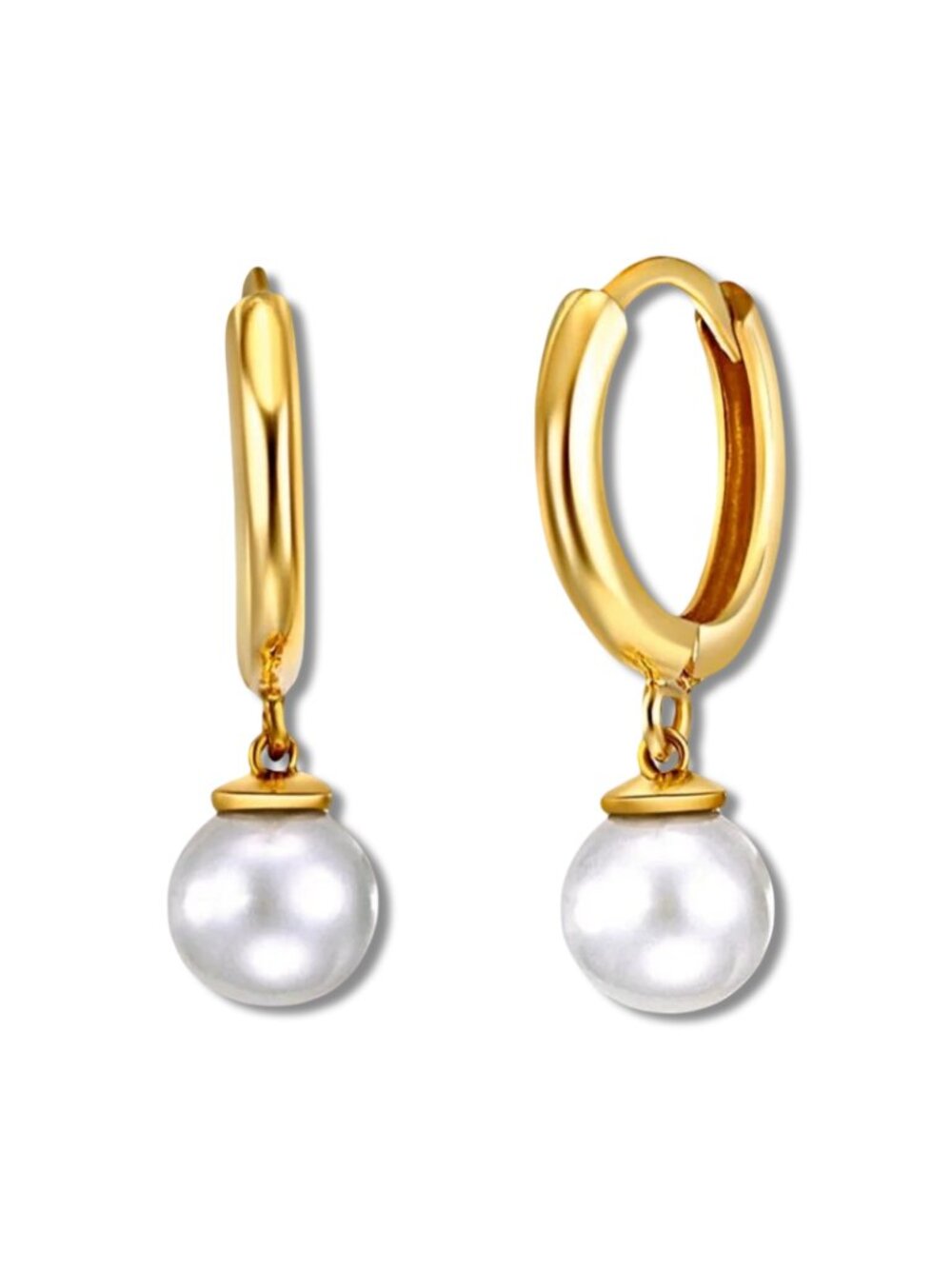 14K Yellow Gold Pearl Huggies Earrings | Dainty Hoop Design By Tehrani Jewelry